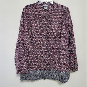 Catherines 3X Petite Blue Red Beaded Button Down Shirt Long 3/4 Tab Sleeve Top